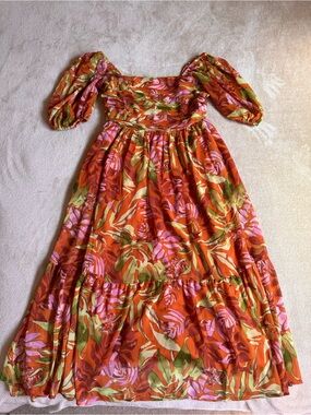 Tropical Orange Floral Midi Dress